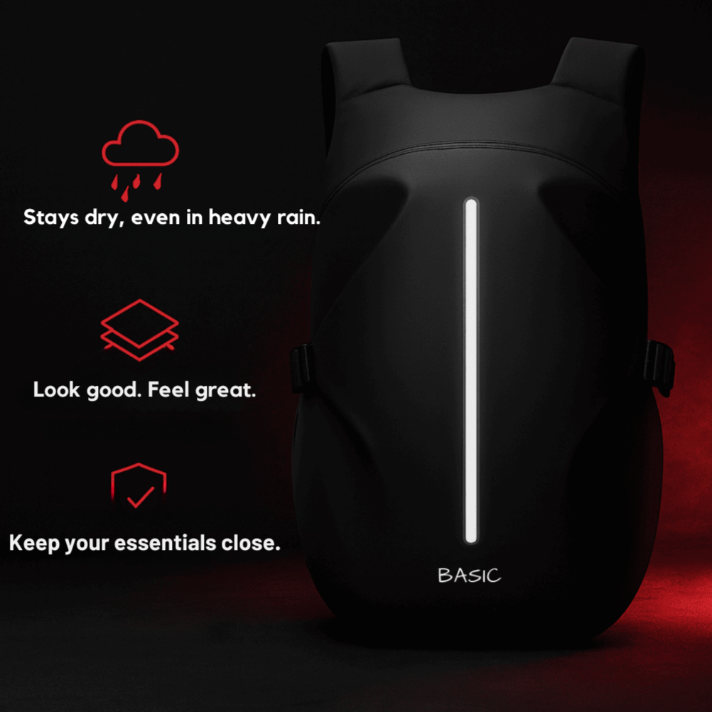 Black backpack with reflective strip and promotional text on a dark background